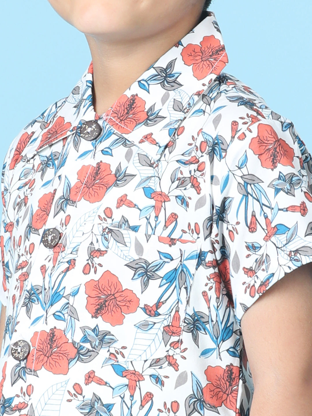 Cutiekins Boys Tropical Print Shirt With Solid Short -Off White & Steel Blue