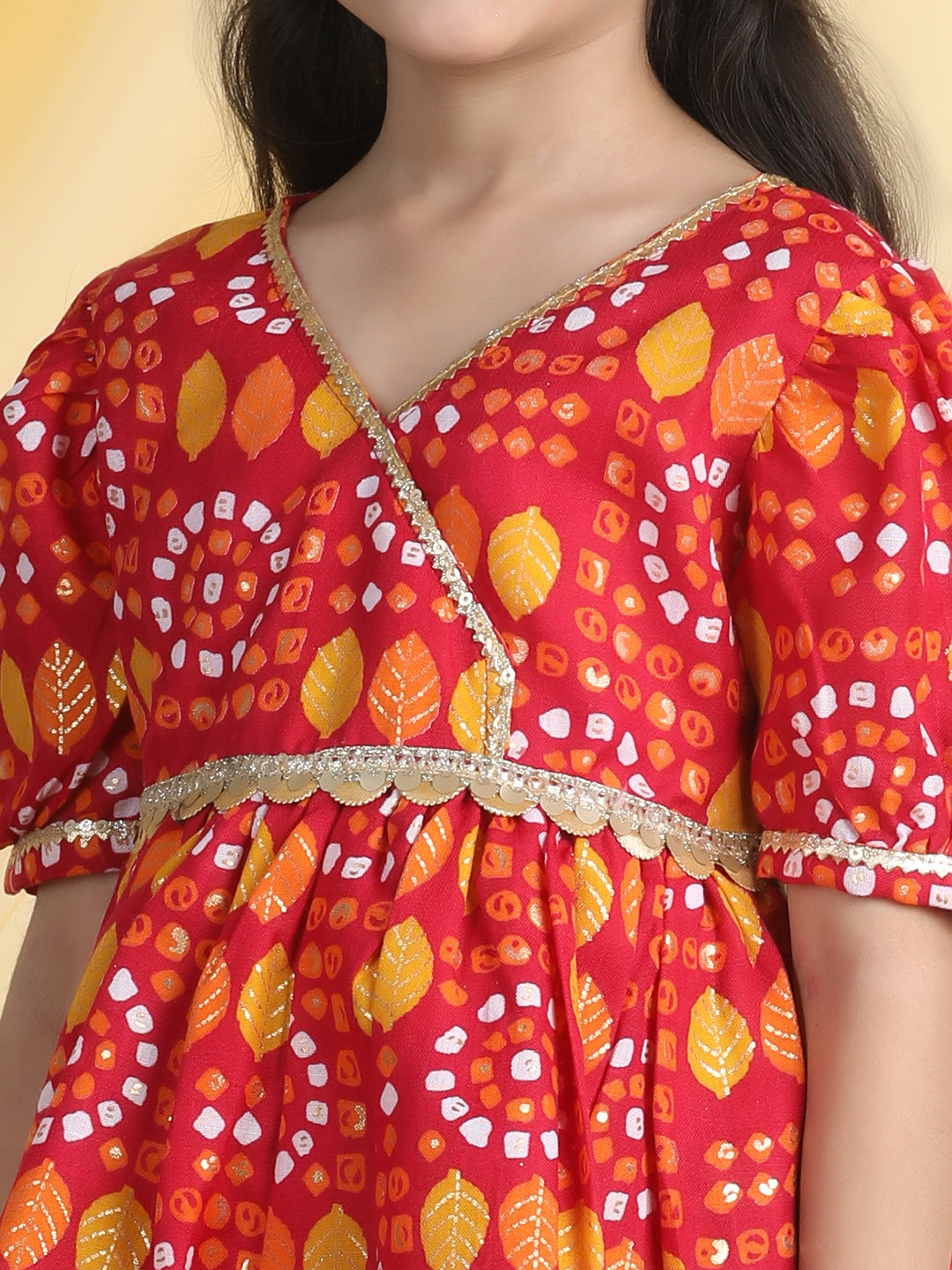 Cutiekins Girls Tropical Print Angrakha Kurta & Dhoti Pant -Red & Mustard