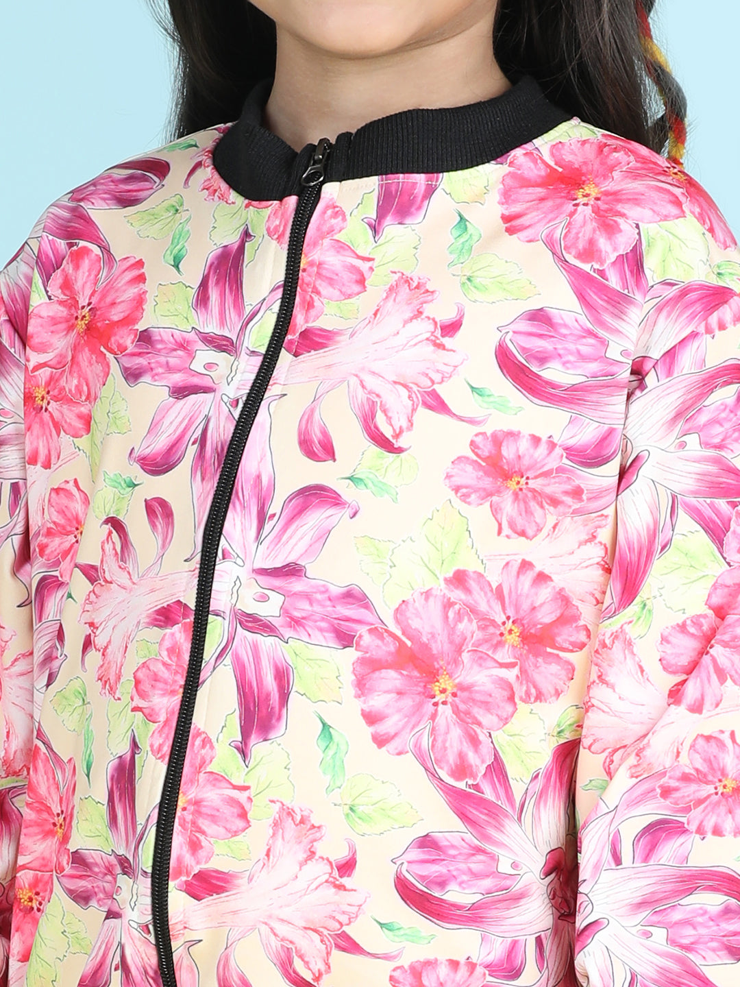 Cutiekins Cotton Lycra Floral Printed Full Sleeves Jacket-Fuchsia Pink & Black