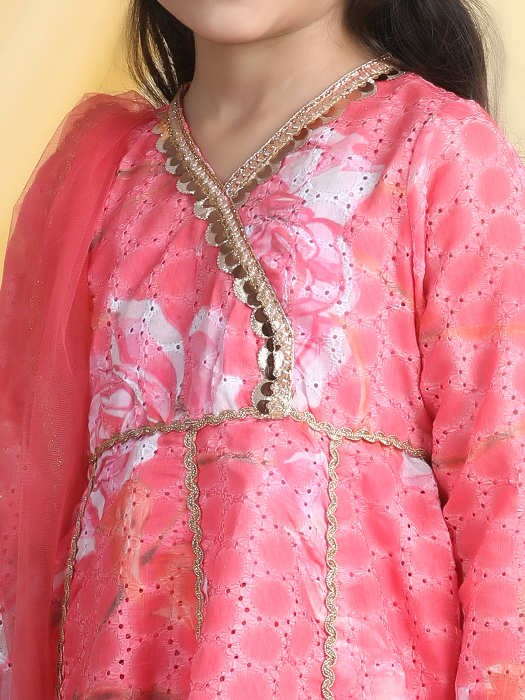 Cutiekins Girls Floral Print Angrakha Kurta & Sharara With Dupatta -Coral Pink & Off White