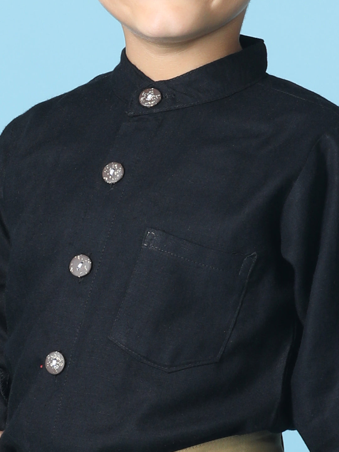 Cutiekins Boys Solid Shirt With Solid Denim Short -Black & Camel Brown