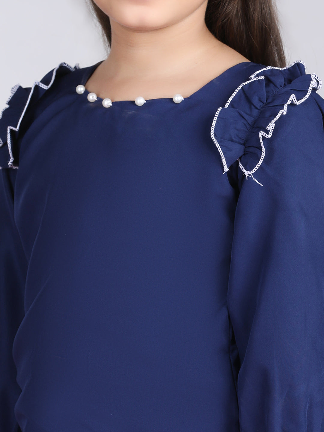 Cutiekins Solid Full Sleeves Polyester Tops-Teal Blue & White