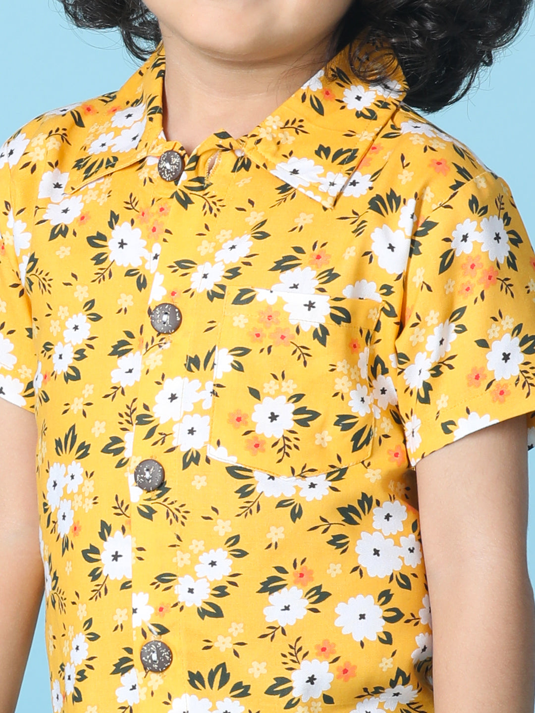 Cutiekins Boys Tropical Print Shirt-Mustard & White