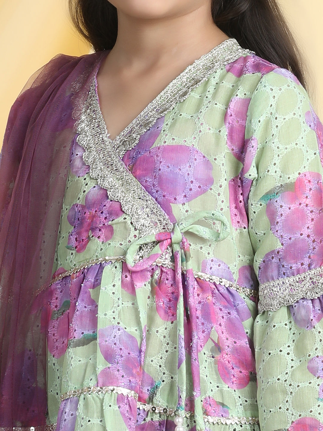 Cutiekins Girls Floral Print Angrakha Kurta & Sharara With Dupatta -Green & Purple