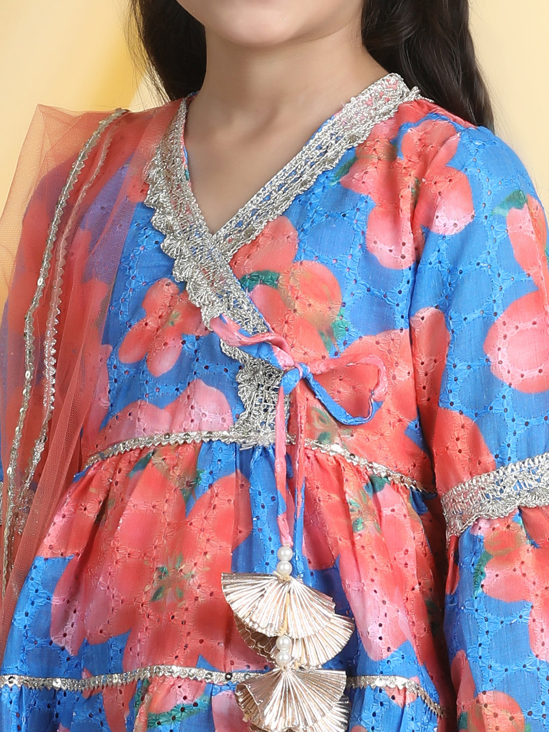 Cutiekins Girls Floral Print Angrakha Kurta & Sharara With Dupatta -Blue & Orange