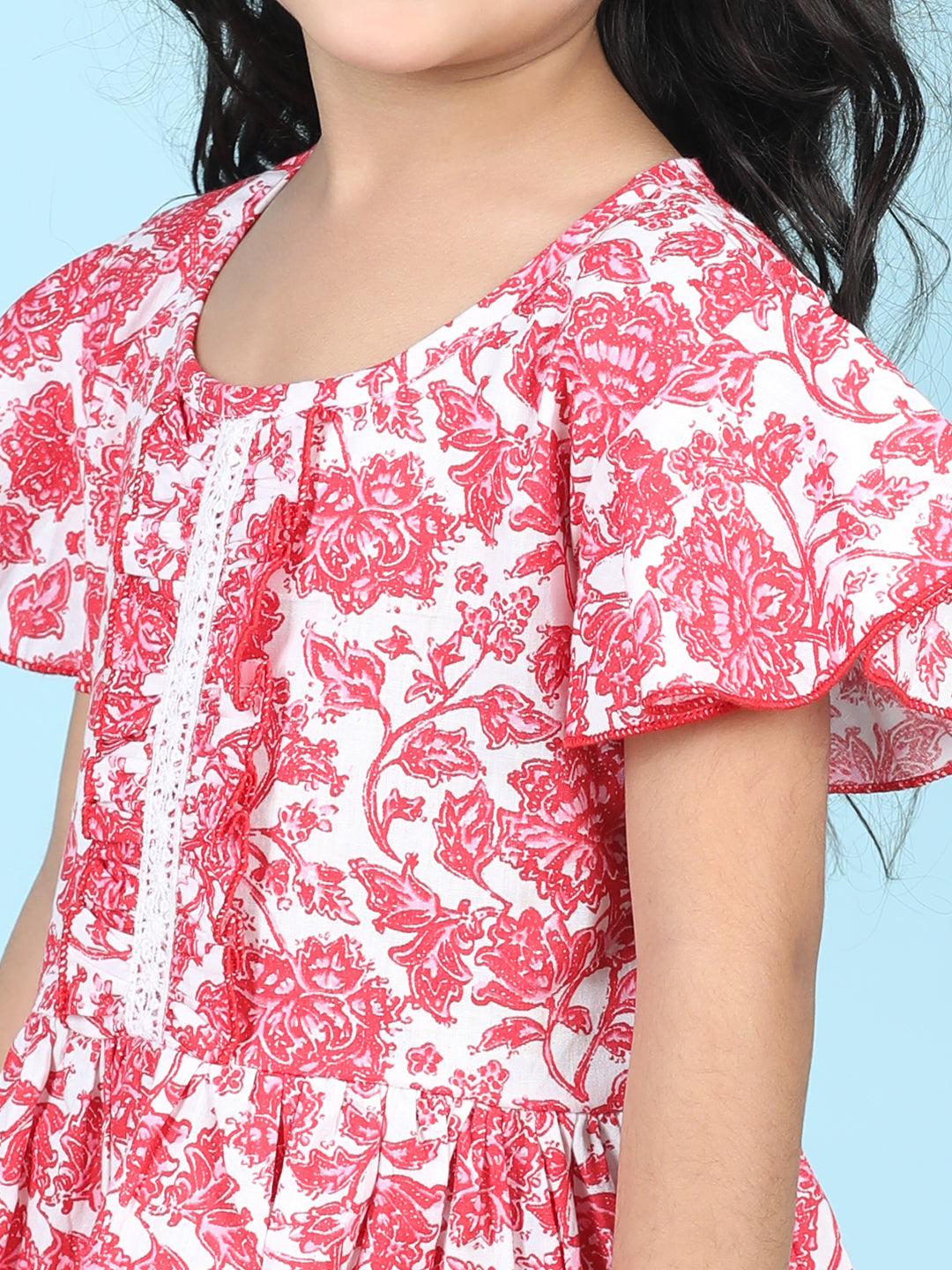 Cutiekins Girls Trendy & Stylish Floral Printed Dress -Off White & Red