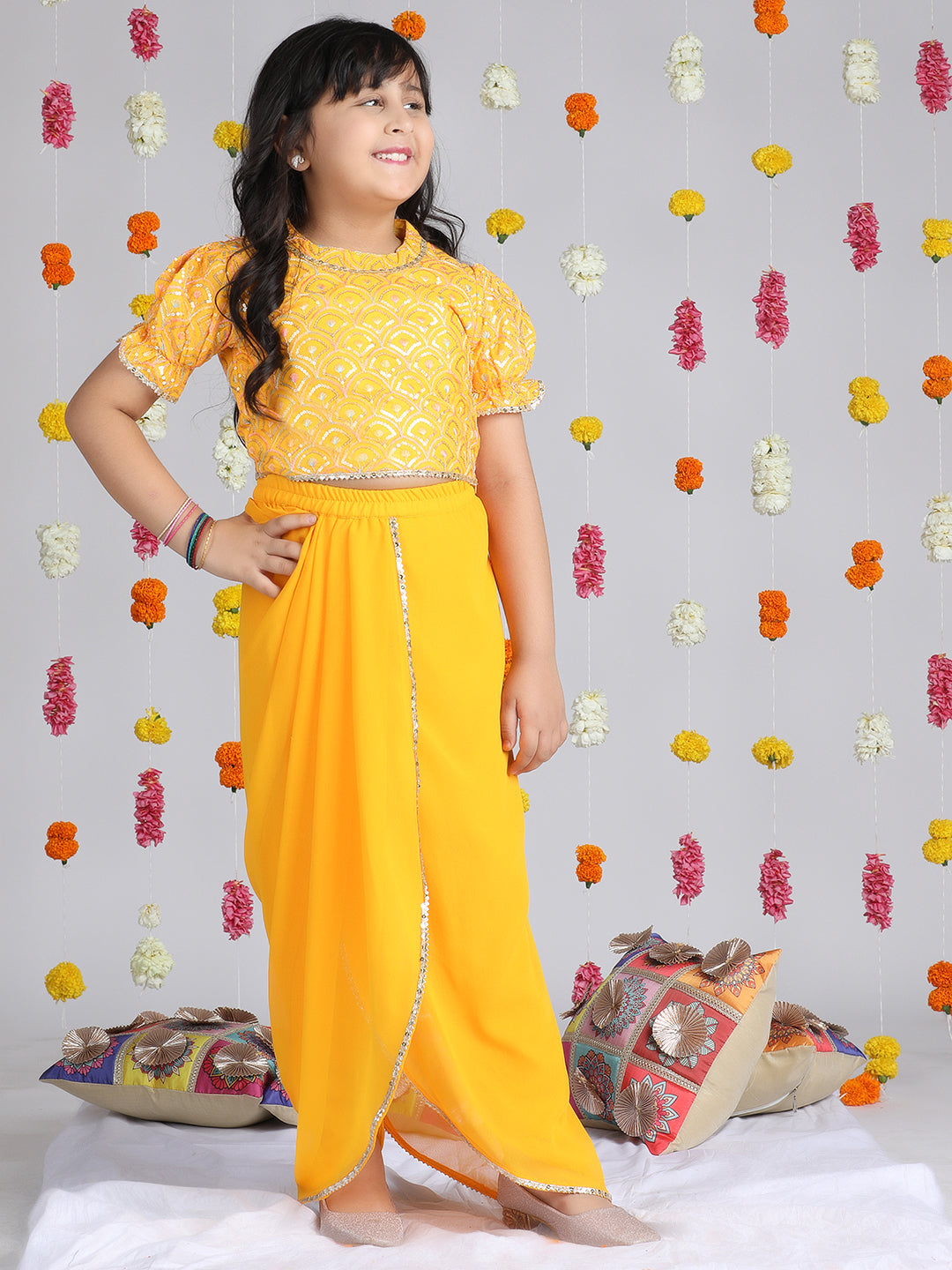 Cutiekins Girls Ethnic Motifs Embroidered Regular Gotta Patti Top with Dhoti Pants -Yellow & Silver