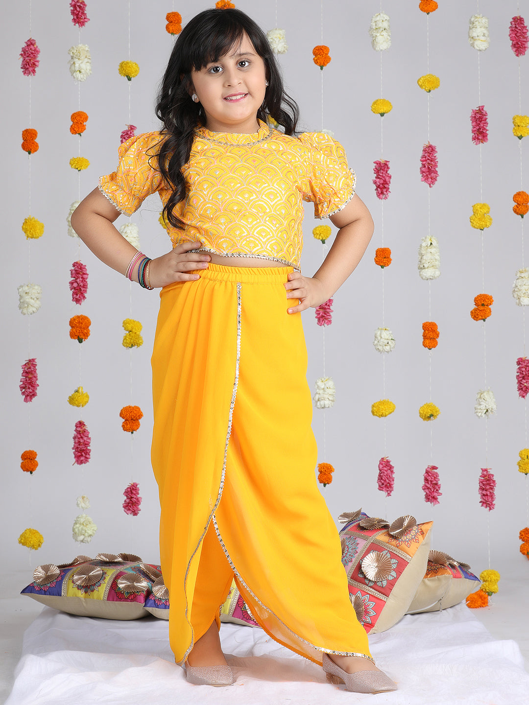 Cutiekins Girls Ethnic Motifs Embroidered Regular Gotta Patti Top with Dhoti Pants -Yellow & Silver