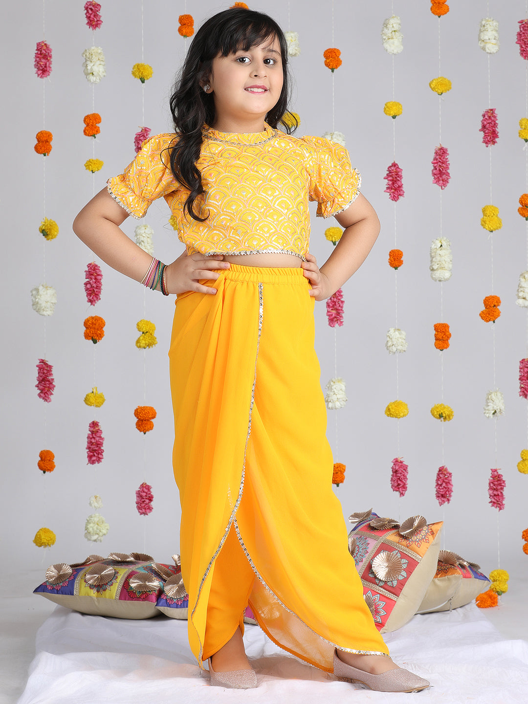 Cutiekins Girls Ethnic Motifs Embroidered Regular Gotta Patti Top with Dhoti Pants -Yellow & Silver