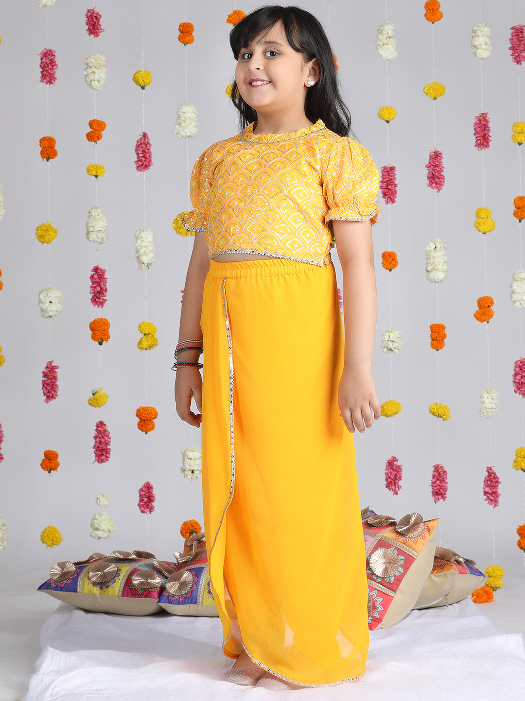 Cutiekins Girls Ethnic Motifs Embroidered Regular Gotta Patti Top with Dhoti Pants -Yellow & Silver