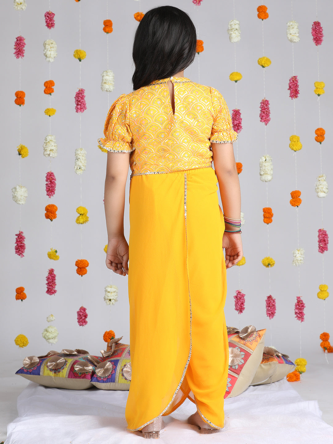 Cutiekins Girls Ethnic Motifs Embroidered Regular Gotta Patti Top with Dhoti Pants -Yellow & Silver