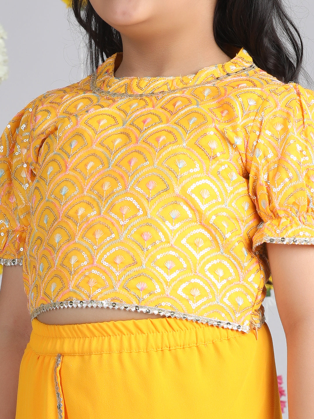 Cutiekins Girls Ethnic Motifs Embroidered Regular Gotta Patti Top with Dhoti Pants -Yellow & Silver