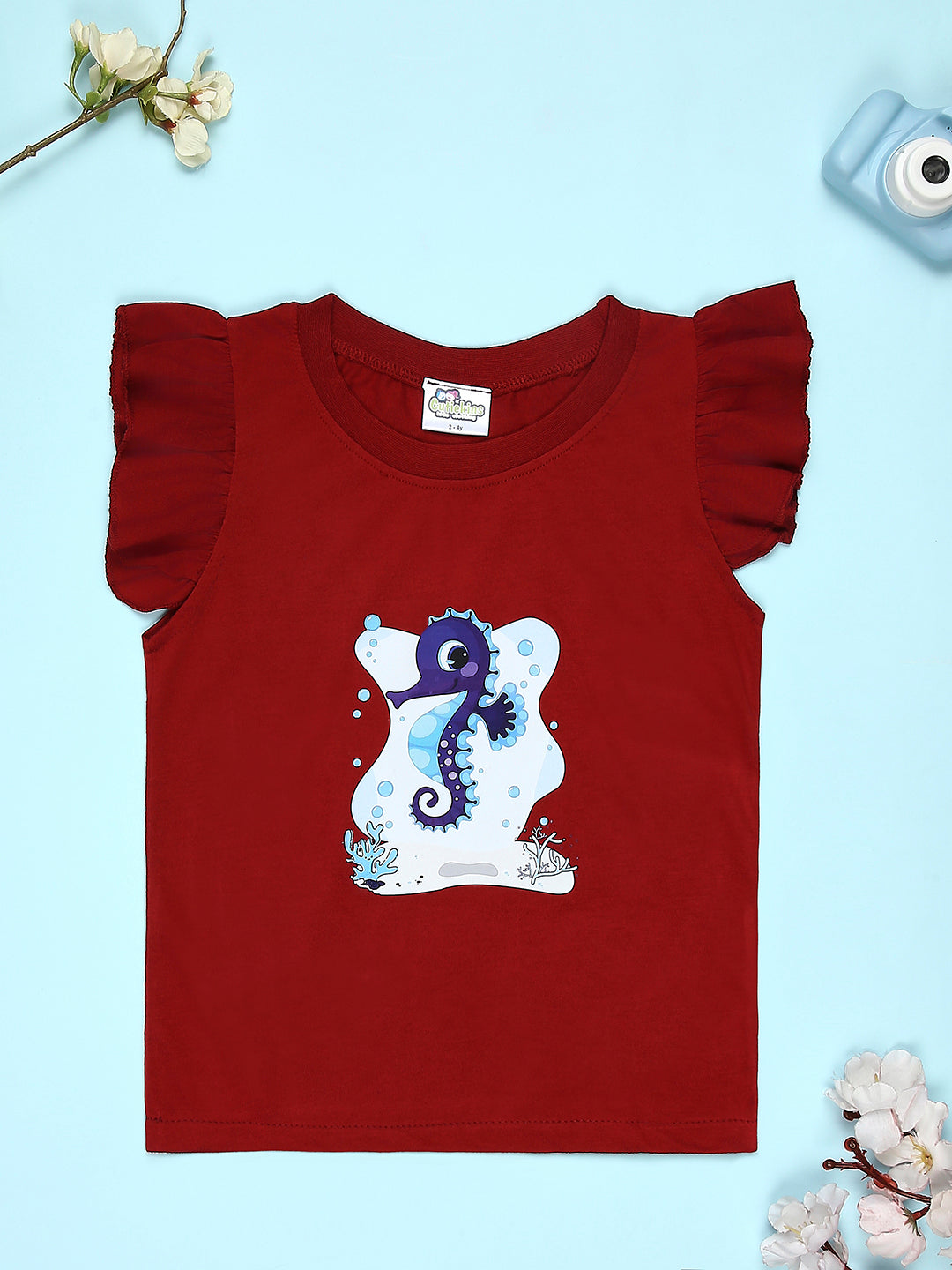 Cutiekins Girls Graphic Print T-Shirt With Solid Embellished Bow Short -Maroon & Navy Blue