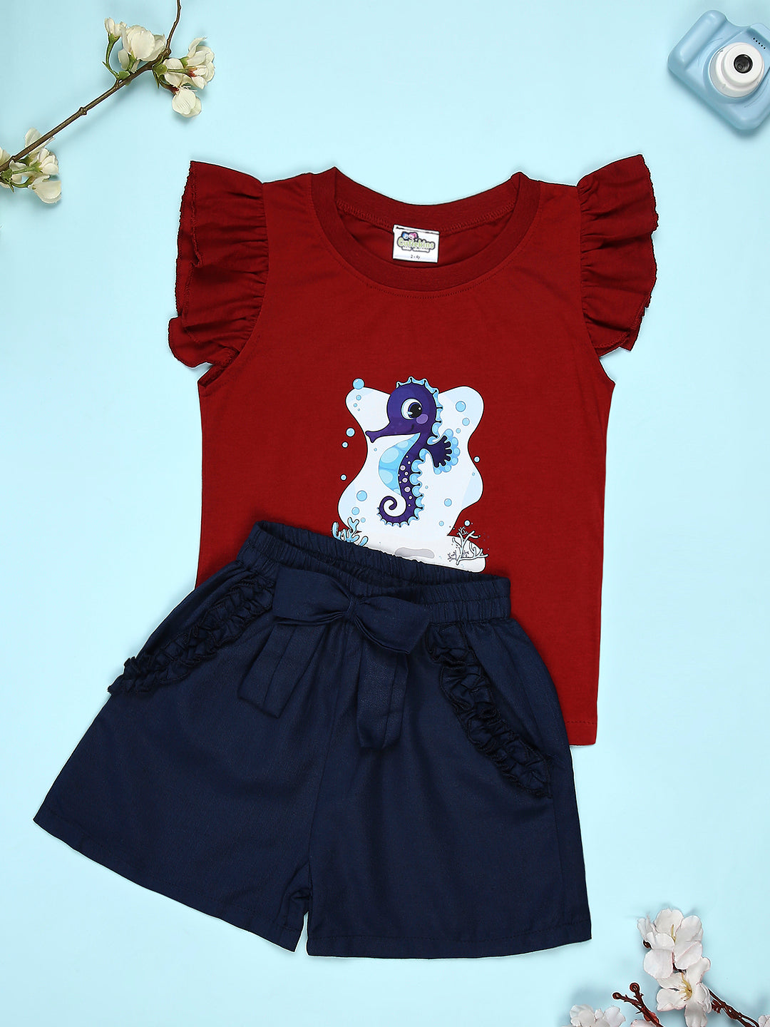 Cutiekins Girls Graphic Print T-Shirt With Solid Embellished Bow Short -Maroon & Navy Blue