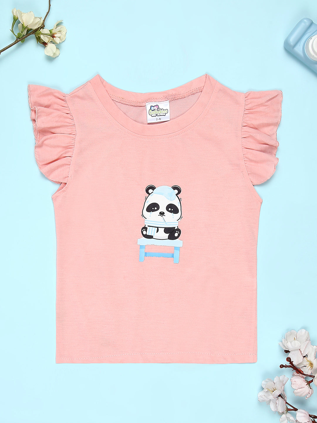 Cutiekins Girls Graphic Print T-Shirt With Solid Embellished Bow Short -Peach & Navy Blue