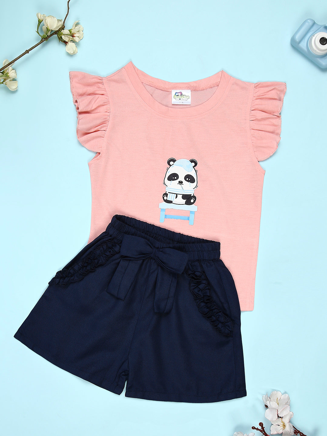 Cutiekins Girls Graphic Print T-Shirt With Solid Embellished Bow Short -Peach & Navy Blue