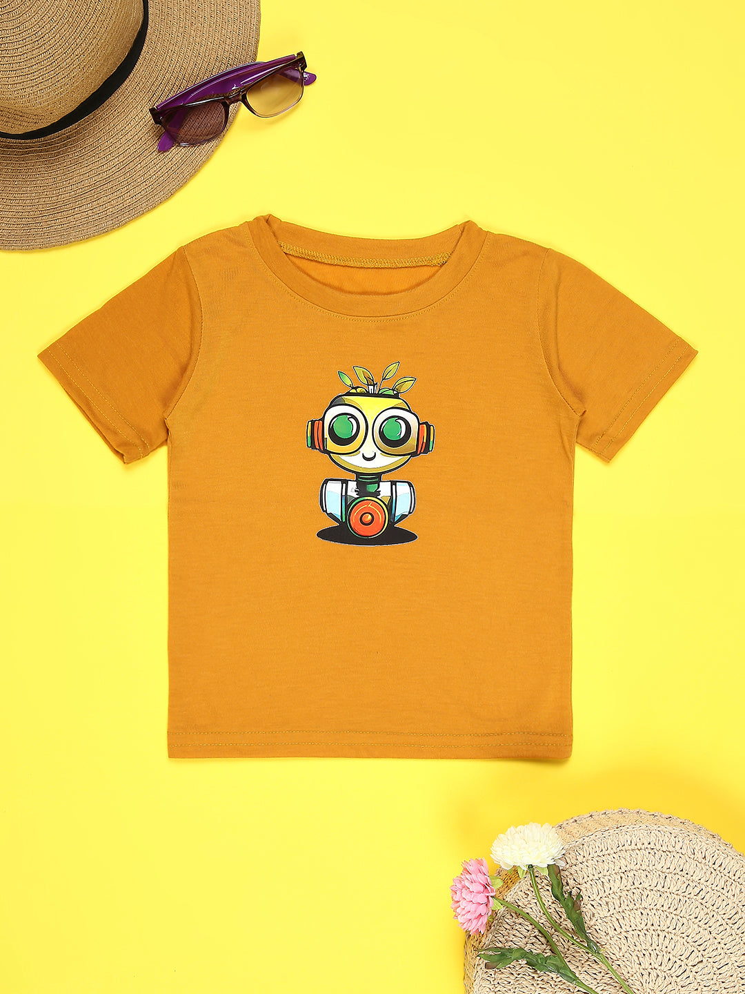 Cutiekins Boys Graphic Print T-Shirt With Solid Denim Short -Mustard & Black