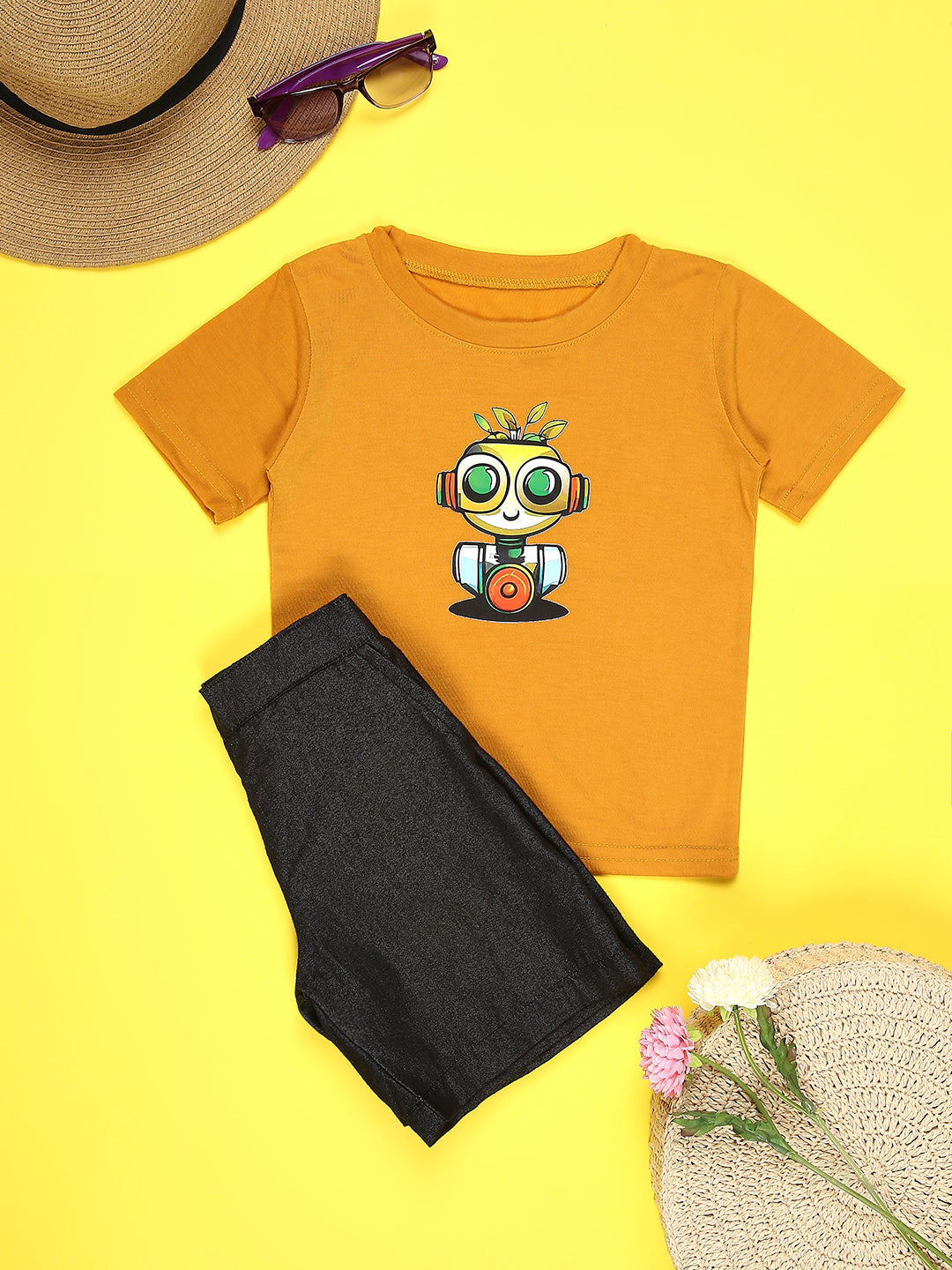 Cutiekins Boys Graphic Print T-Shirt With Solid Denim Short -Mustard & Black