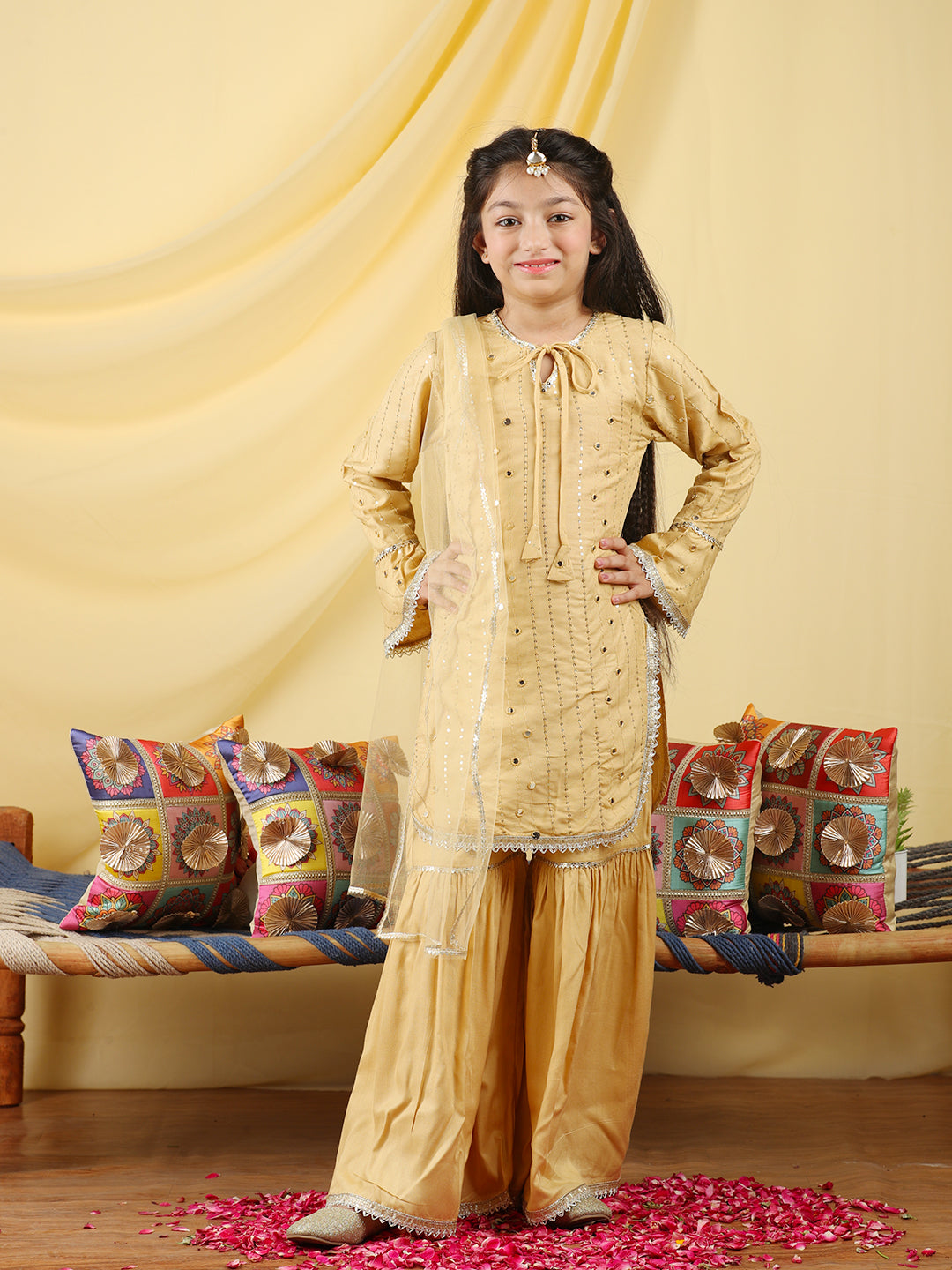 Cutiekins Girls Embroidered Mirror Work Kurta & Sharara with Dupatta -Beige & Gold