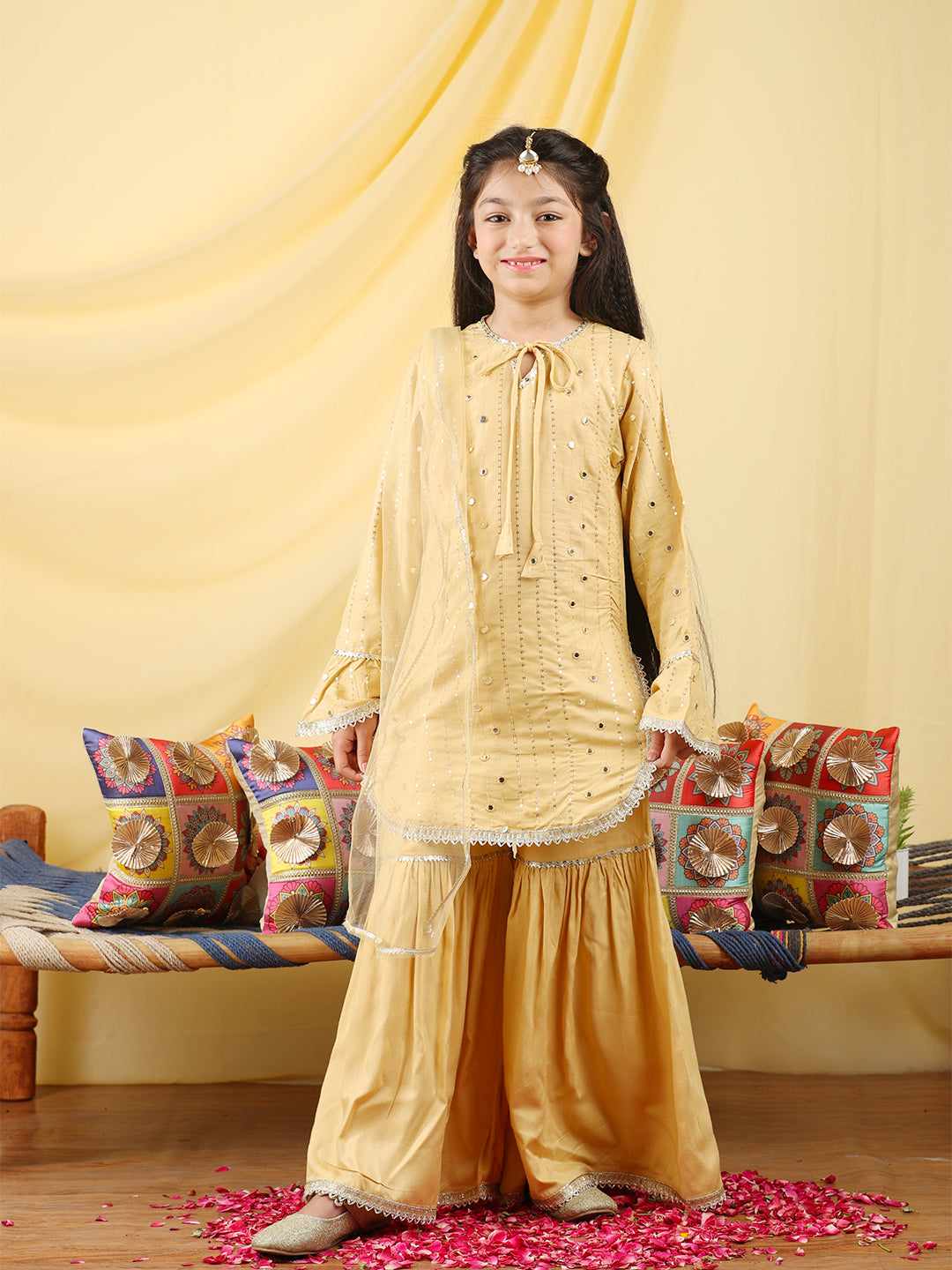 Cutiekins Girls Embroidered Mirror Work Kurta & Sharara with Dupatta -Beige & Gold