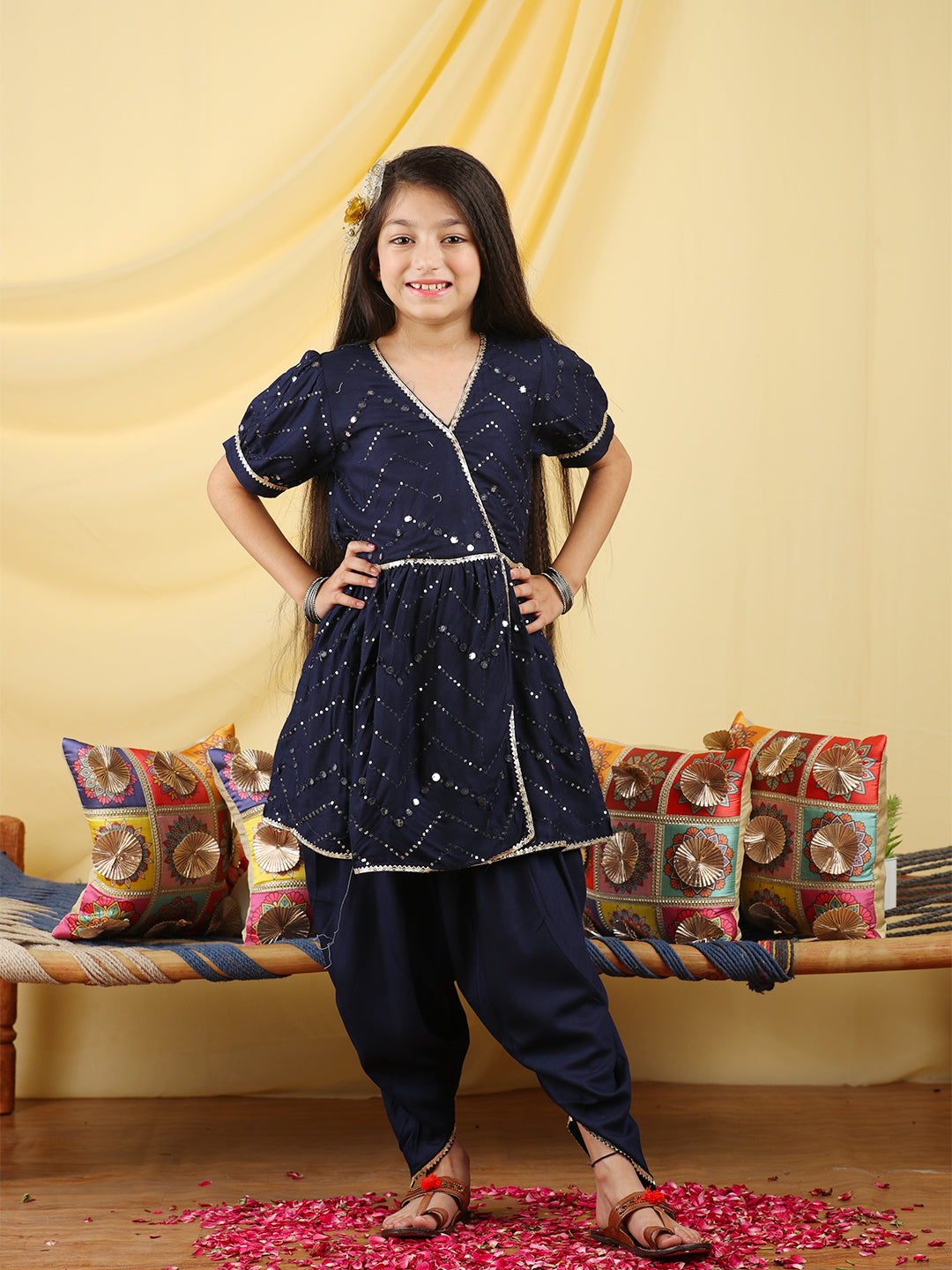 Cutiekins Girls Embroidered Mirror Work Angrakha Kurta & Dhoti -Dark Blue & Gold