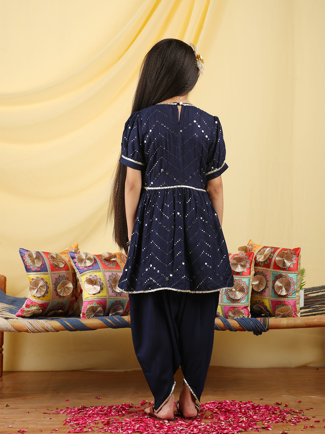 Cutiekins Girls Embroidered Mirror Work Angrakha Kurta & Dhoti -Dark Blue & Gold