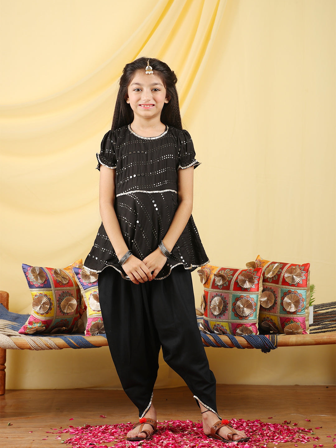 Cutiekins Girls Embroidered Mirror Work Kurta & Dhoti -Black & Silver