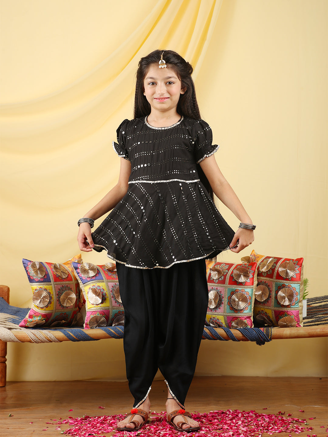 Cutiekins Girls Embroidered Mirror Work Kurta & Dhoti -Black & Silver