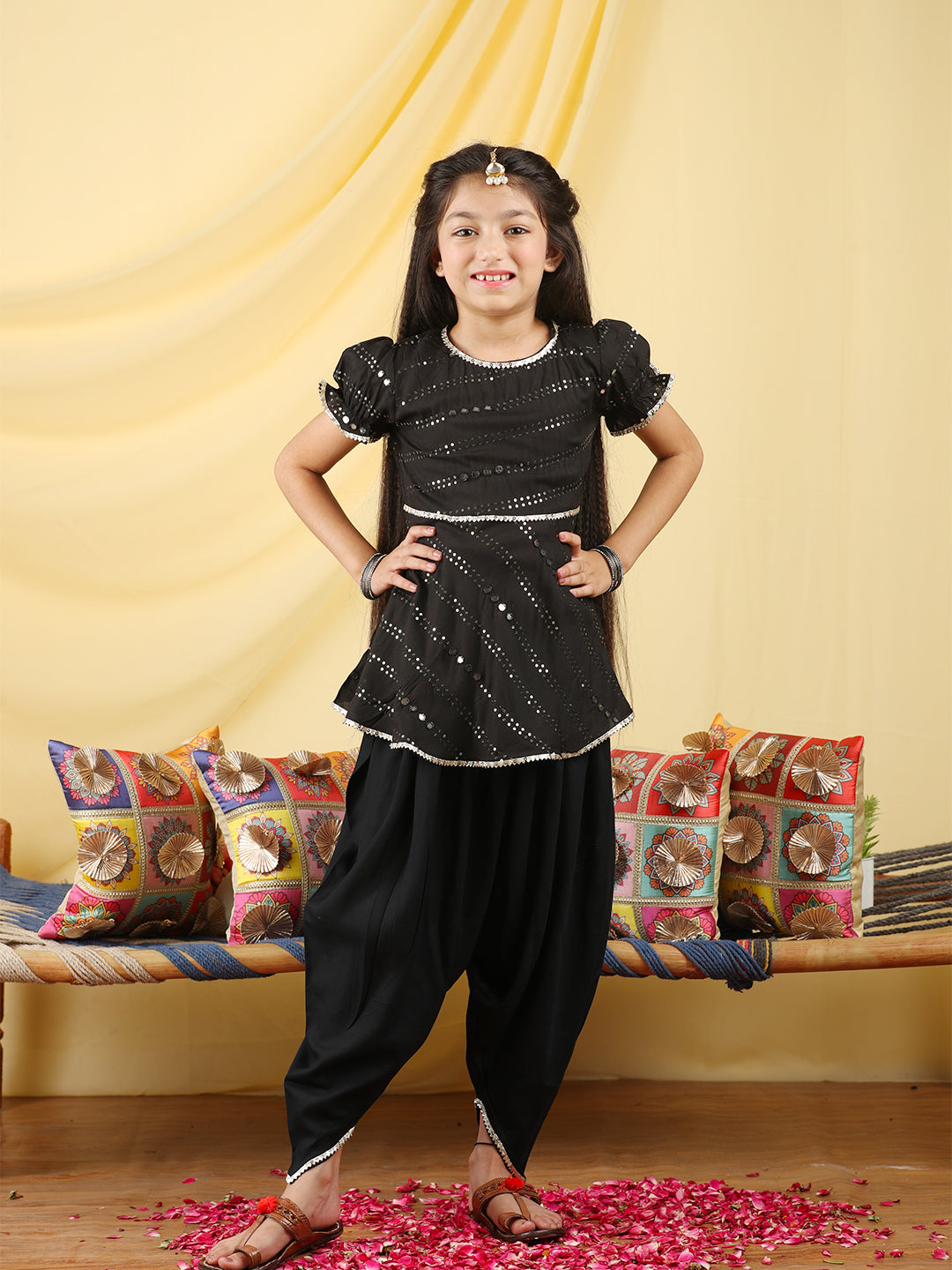 Cutiekins Girls Embroidered Mirror Work Kurta & Dhoti -Black & Silver