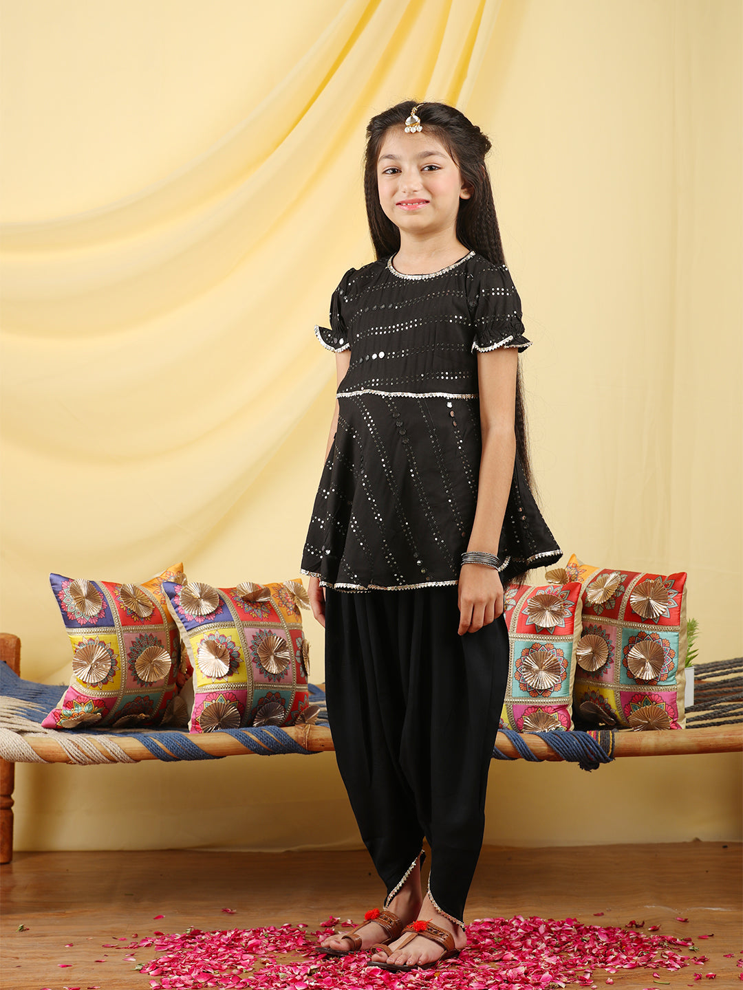 Cutiekins Girls Embroidered Mirror Work Kurta & Dhoti -Black & Silver