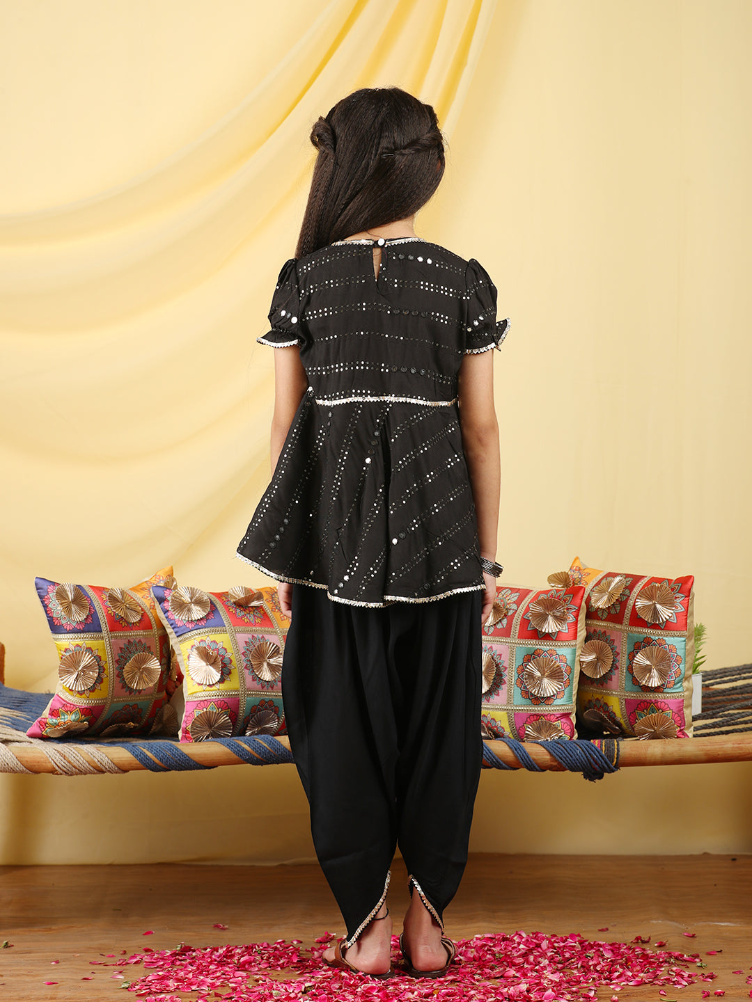 Cutiekins Girls Embroidered Mirror Work Kurta & Dhoti -Black & Silver