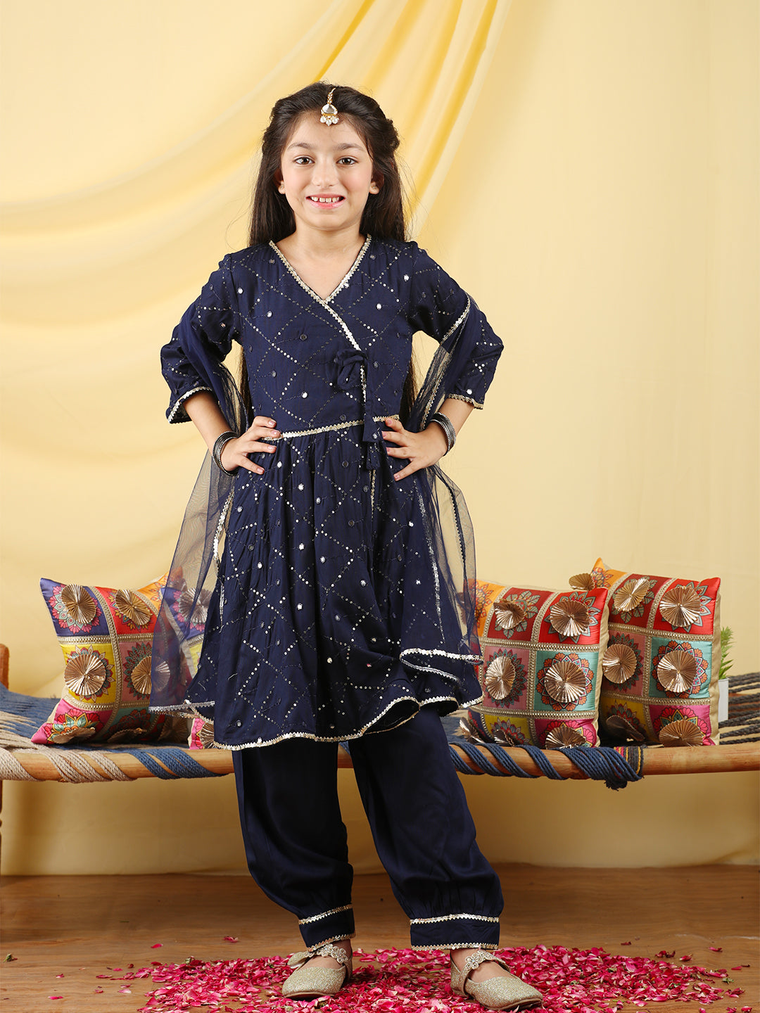 Cutiekins Girls Embroidered Angrakha Kurta & Salwar with Dupatta -Deep Blue & Gold