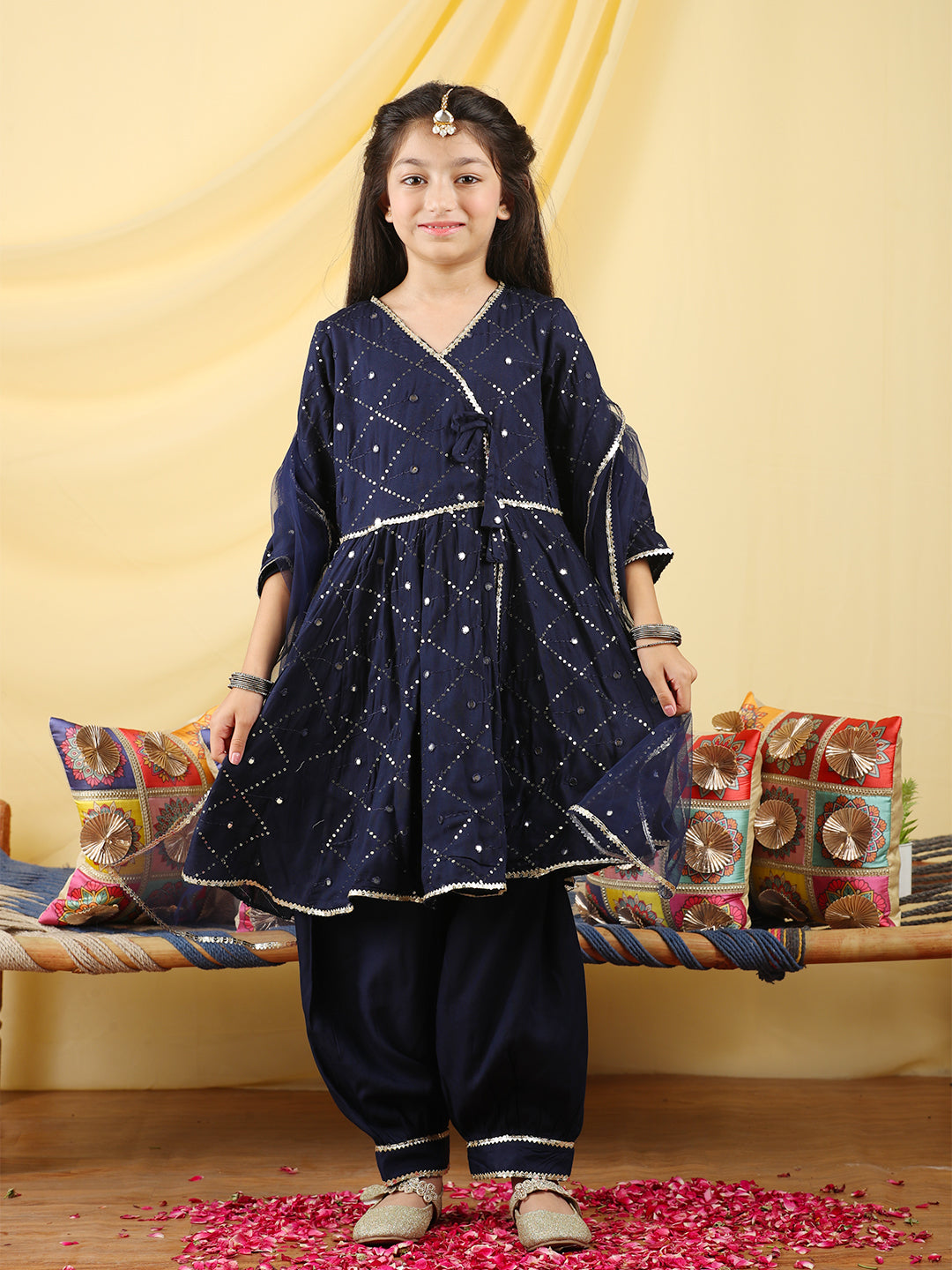 Cutiekins Girls Embroidered Angrakha Kurta & Salwar with Dupatta -Deep Blue & Gold