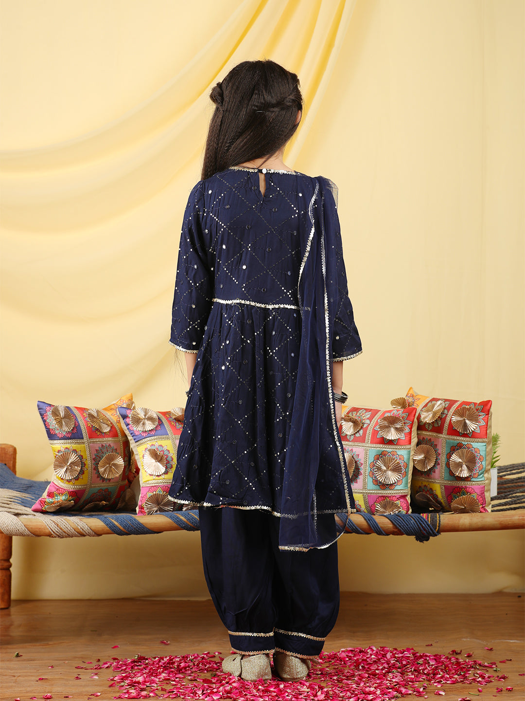 Cutiekins Girls Embroidered Angrakha Kurta & Salwar with Dupatta -Deep Blue & Gold