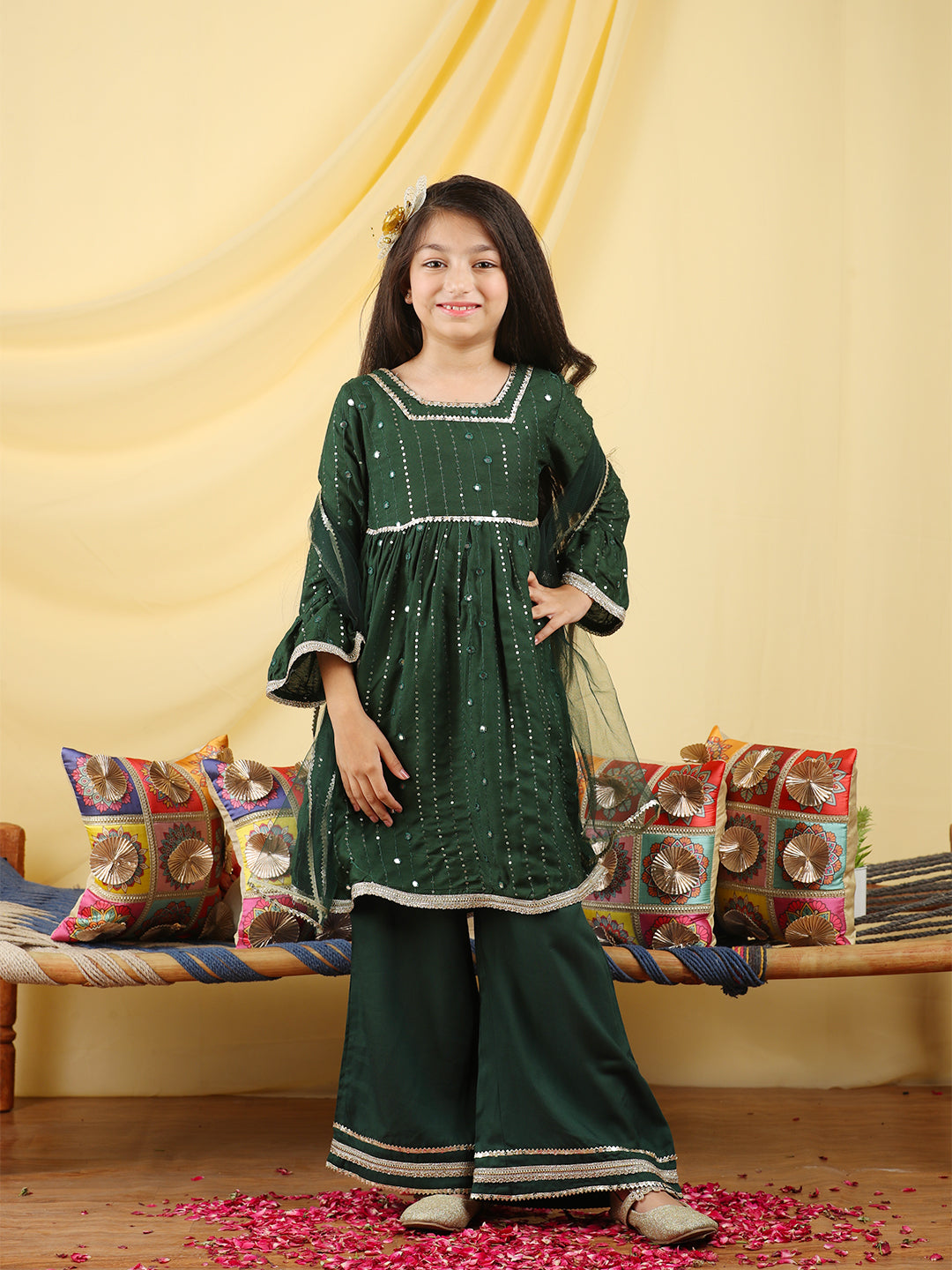 Cutiekins Girls Embroidered Gotta Patti Kurta & Palazzo with Dupatta -Deep Green & Gold