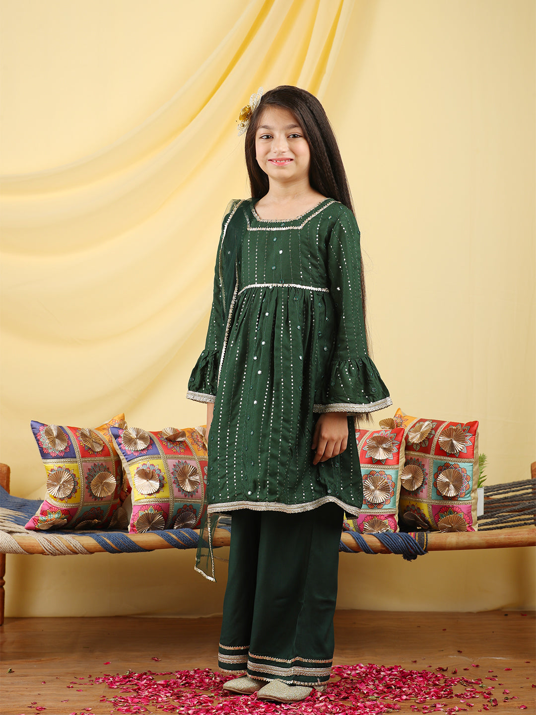 Cutiekins Girls Embroidered Gotta Patti Kurta & Palazzo with Dupatta -Deep Green & Gold