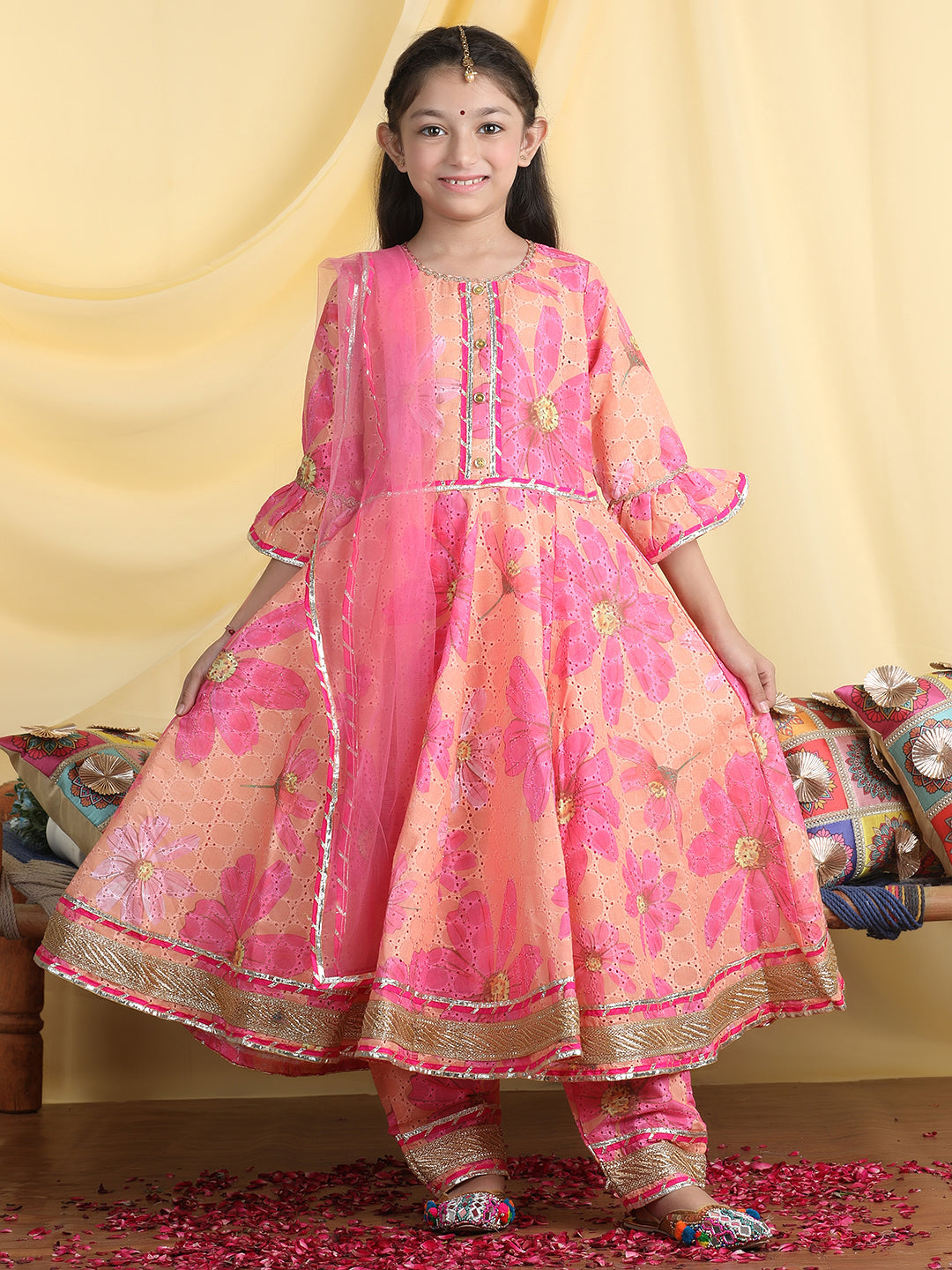 Girls Floral Embroidered Empire Gotta Patti Kurta with Palazzos & Dupatta -Orange & Pink