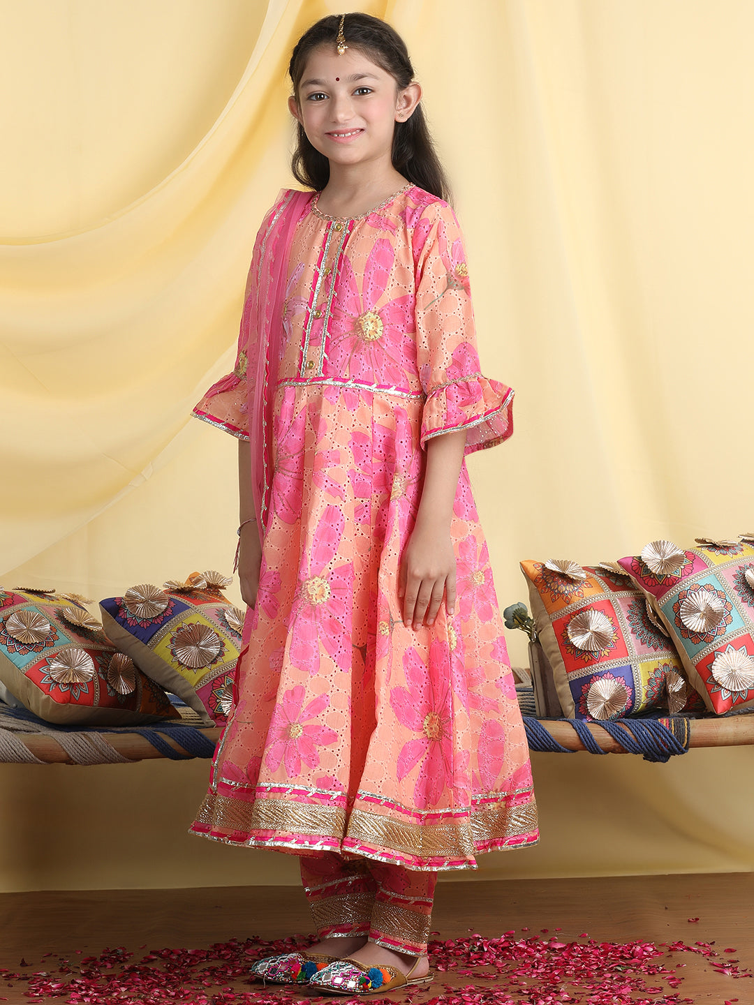 Girls Floral Embroidered Empire Gotta Patti Kurta with Palazzos & Dupatta -Orange & Pink