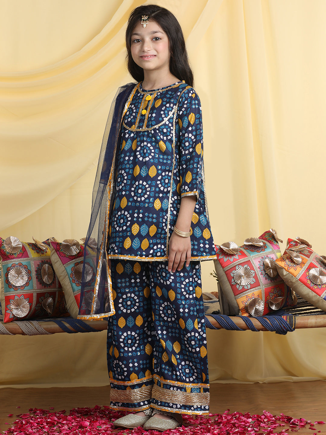 Cutiekins Girls Printed Regular Gotta Patti Kurta with Palazzos with Dupatta -Navy Blue & Mustard