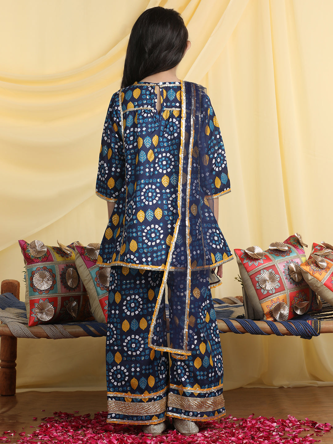 Cutiekins Girls Printed Regular Gotta Patti Kurta with Palazzos with Dupatta -Navy Blue & Mustard