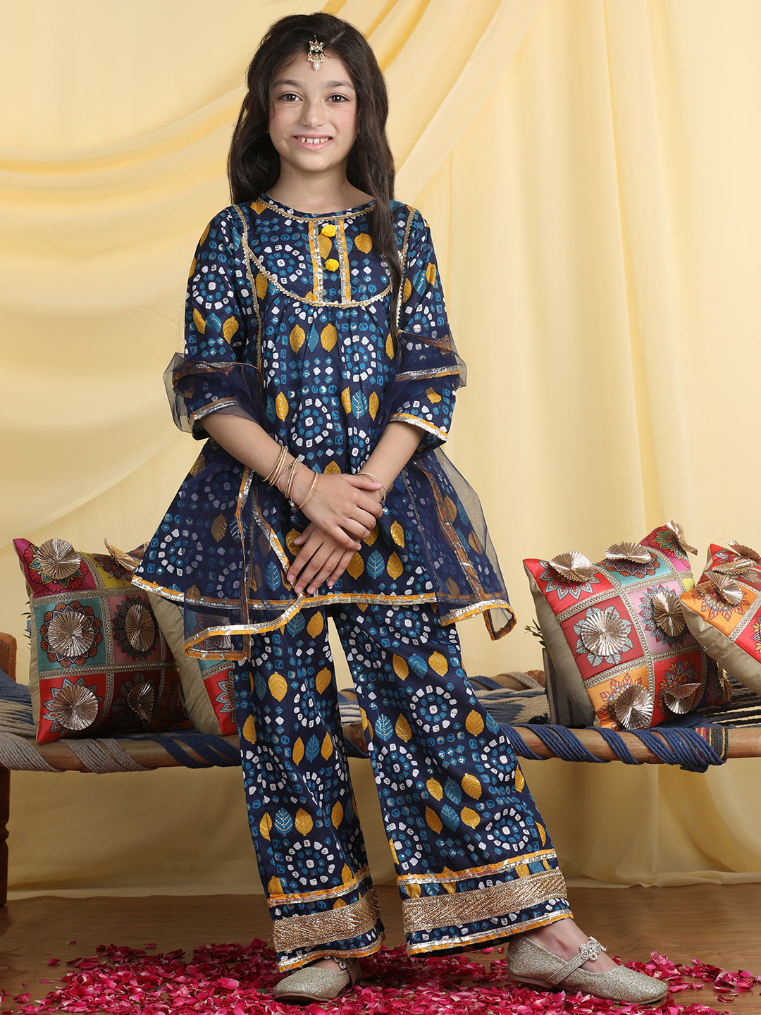 Cutiekins Girls Printed Regular Gotta Patti Kurta with Palazzos with Dupatta -Navy Blue & Mustard