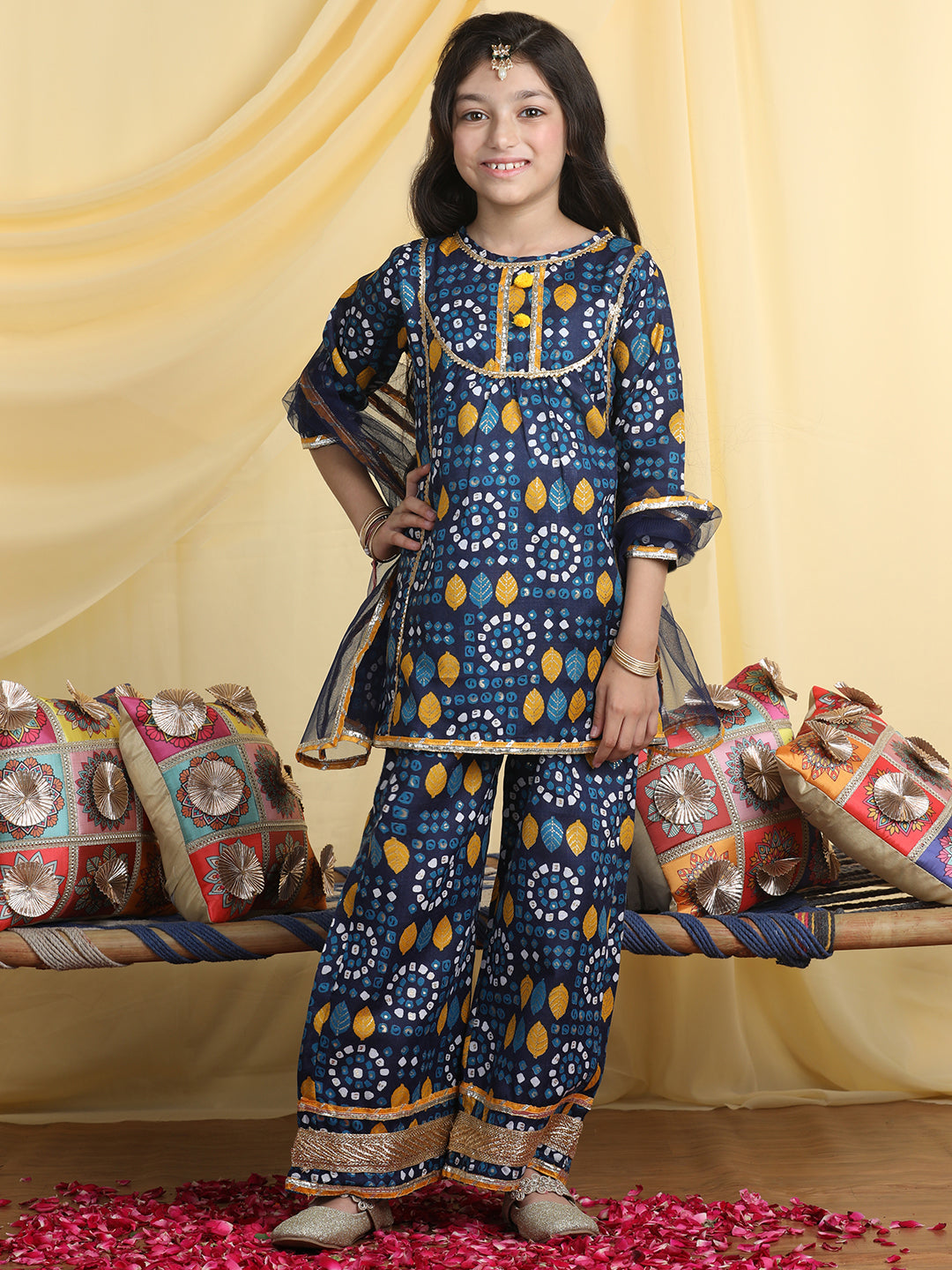 Cutiekins Girls Printed Regular Gotta Patti Kurta with Palazzos with Dupatta -Navy Blue & Mustard