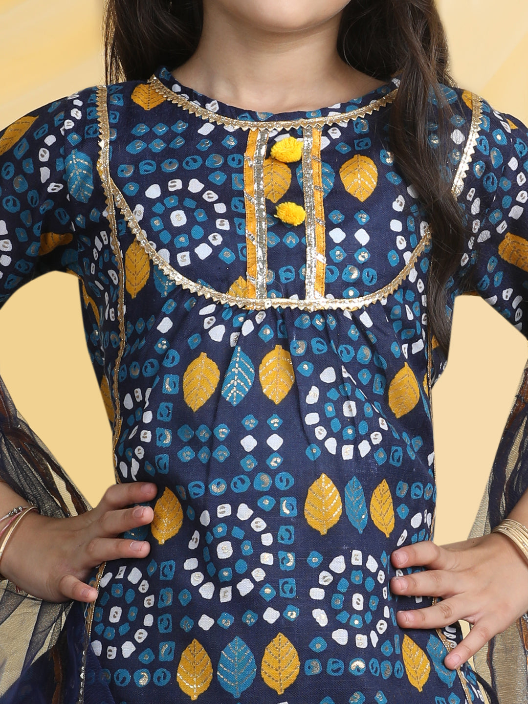 Cutiekins Girls Printed Regular Gotta Patti Kurta with Palazzos with Dupatta -Navy Blue & Mustard