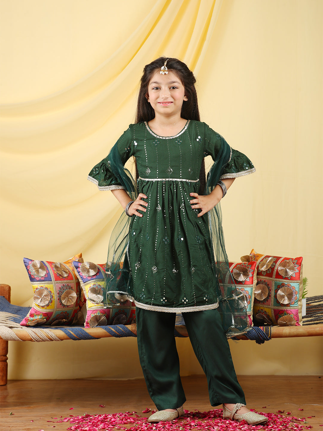 Cutiekins Girls Embroidered Mirror Work Kurta & Palazzo with Dupatta -Dark Green & Gold