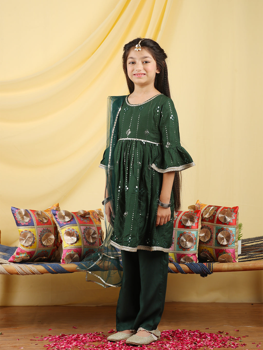 Cutiekins Girls Embroidered Mirror Work Kurta & Palazzo with Dupatta -Dark Green & Gold