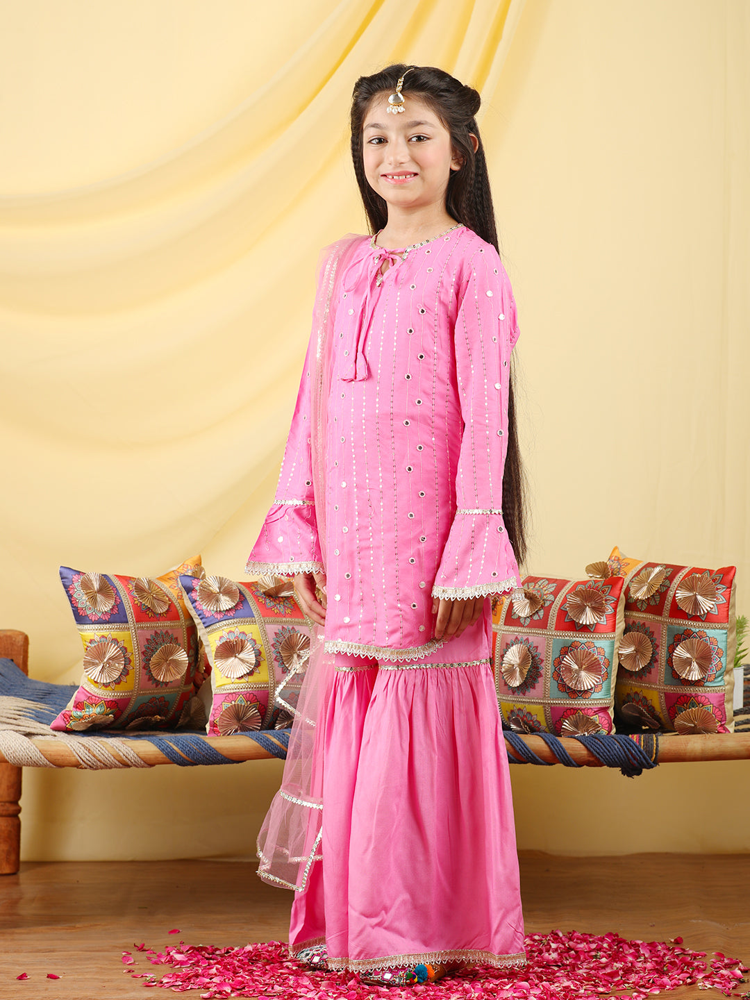 Cutiekins Girls Embroidered Mirror Work Kurta & Sharara with Dupatta -Pink & Gold