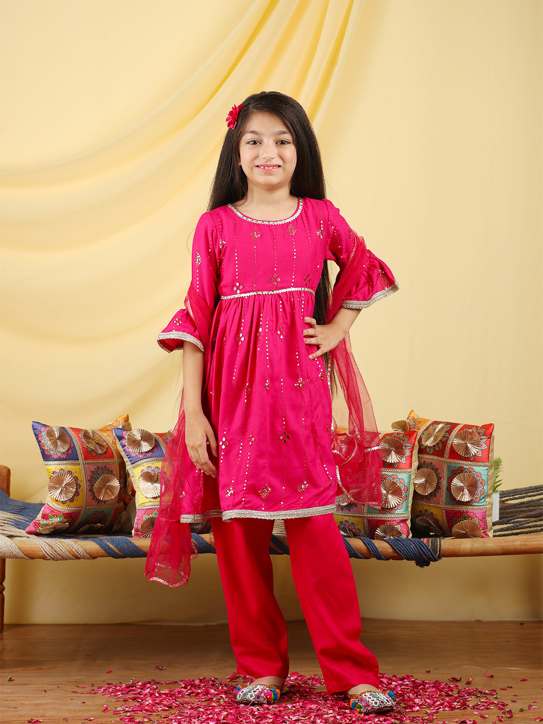 Cutiekins Girls Embroidered Mirror Work Kurta & Palazzo with Dupatta -Magenta & Gold