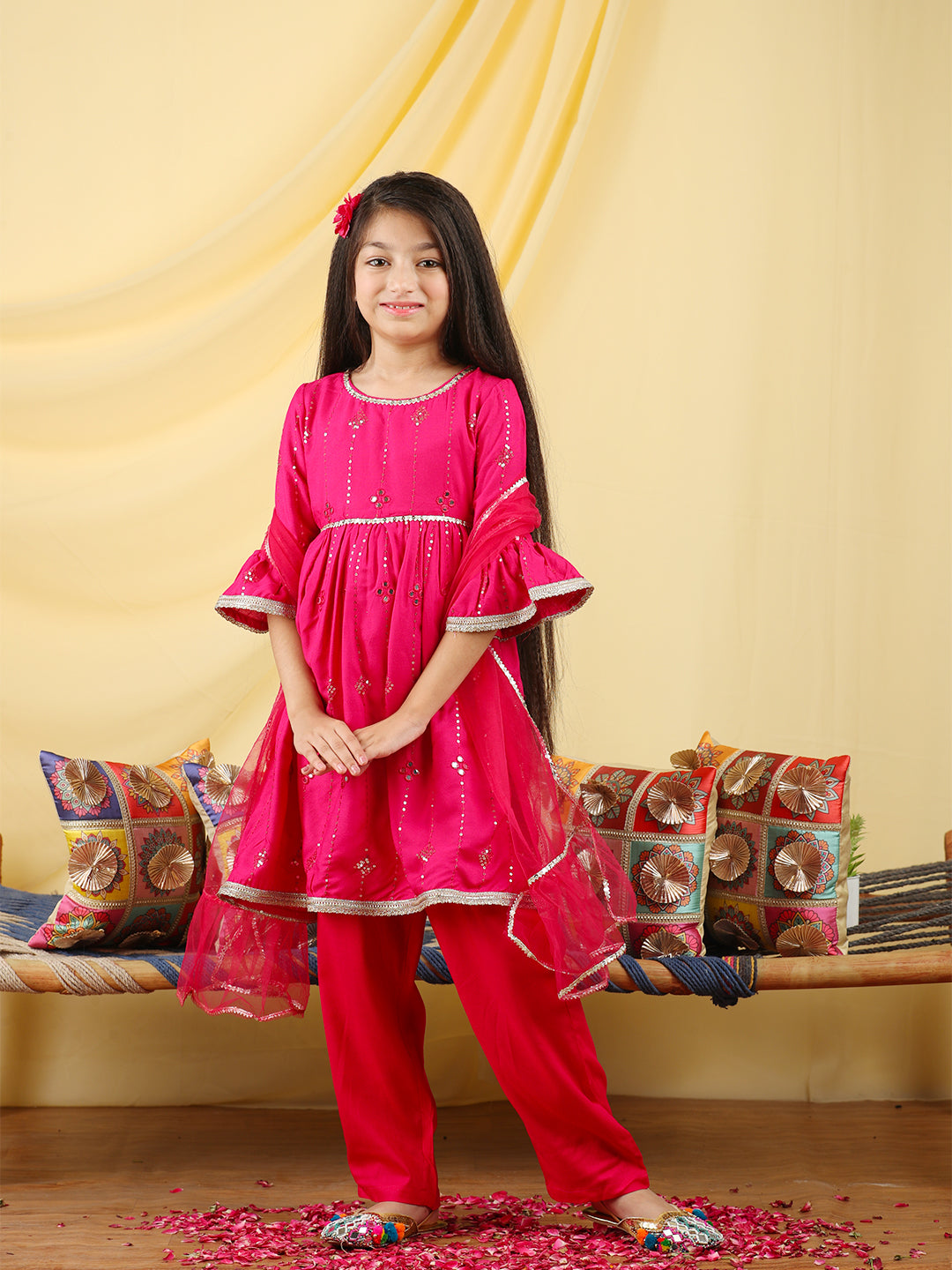 Cutiekins Girls Embroidered Mirror Work Kurta & Palazzo with Dupatta -Magenta & Gold