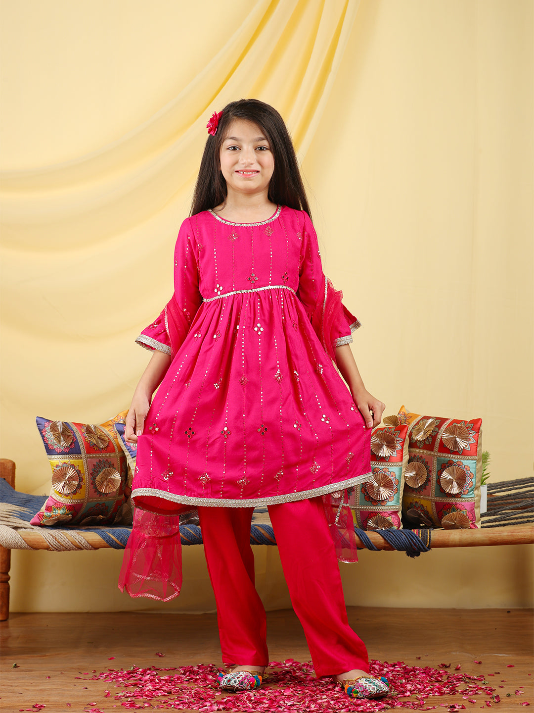 Cutiekins Girls Embroidered Mirror Work Kurta & Palazzo with Dupatta -Magenta & Gold