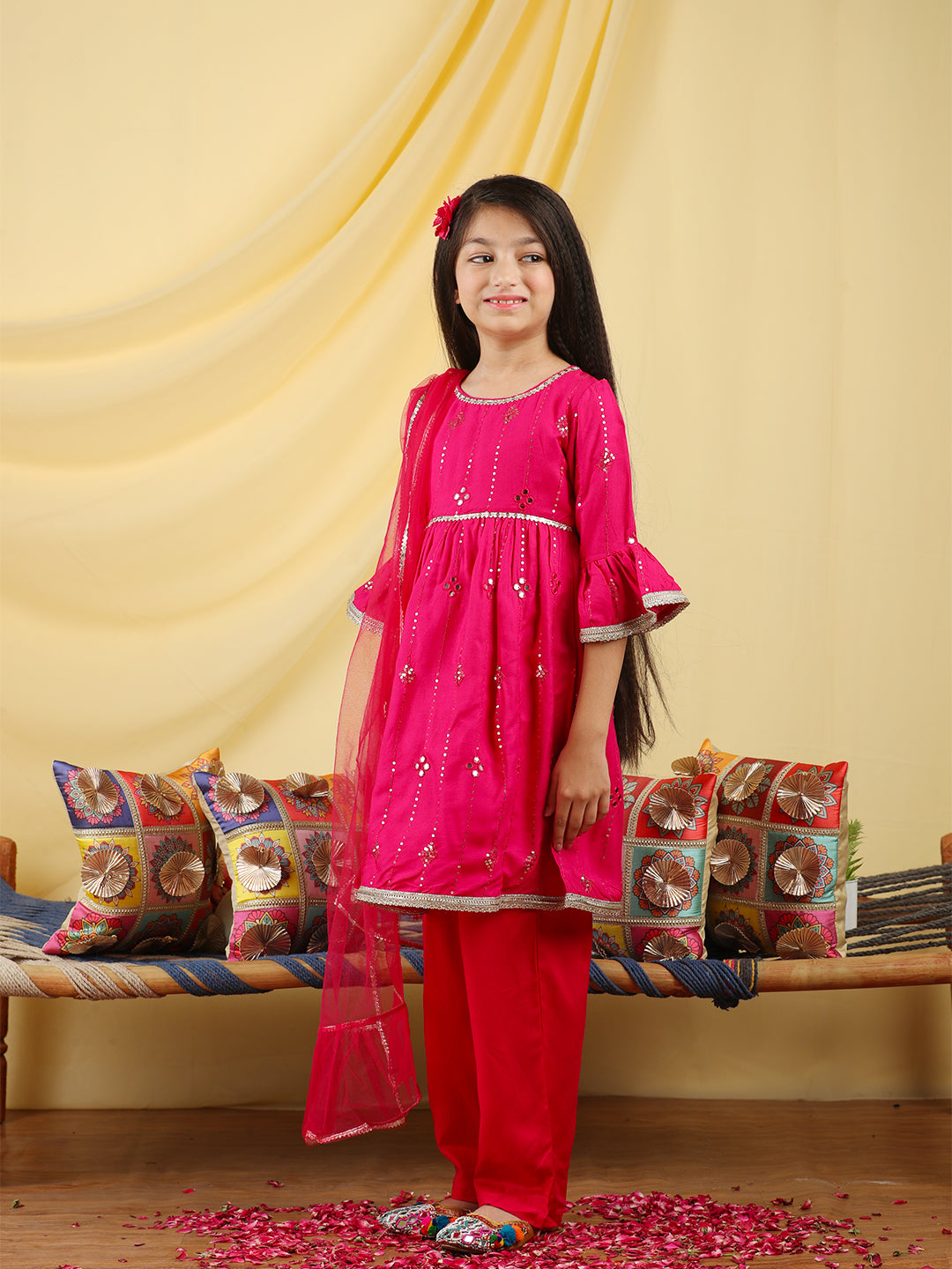 Cutiekins Girls Embroidered Mirror Work Kurta & Palazzo with Dupatta -Magenta & Gold